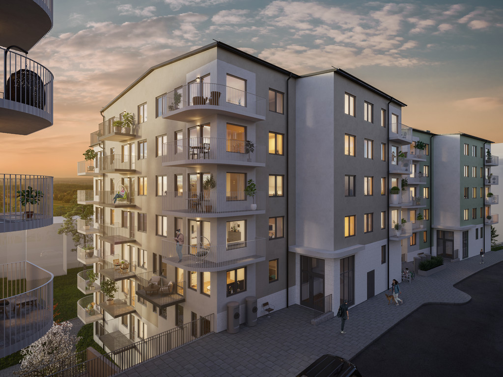 Arkitekturvisualisering 3D Visualisering Exteriör Fastighet Altia Lägenhet Skymning Kväll