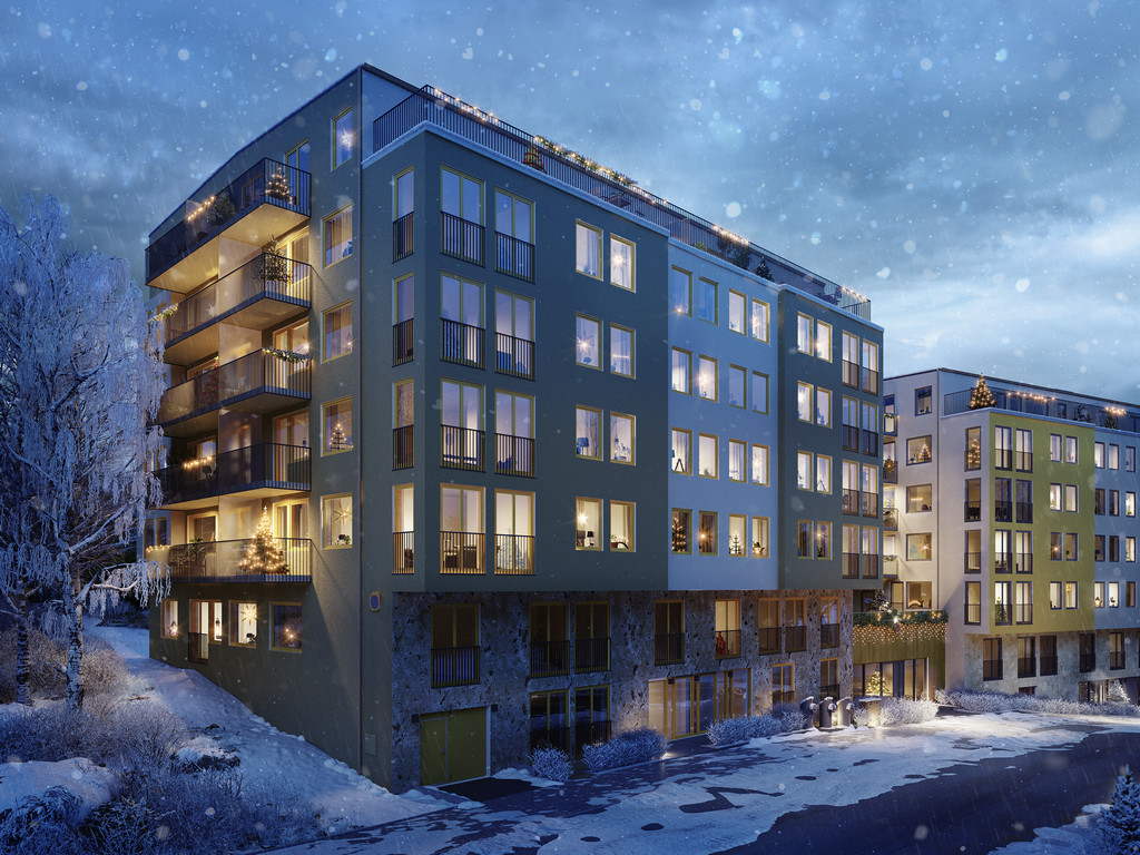 Arkitekturvisualisering 3D Visualisering Exteriör Fastighet Atomen Lägenheter Vinter Snö Jul Skymning Kväll