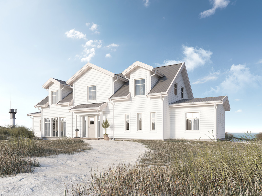 Arkitekturvisualisering 3D Visualisering Exteriör Villa Hav Sjö Strand Sand