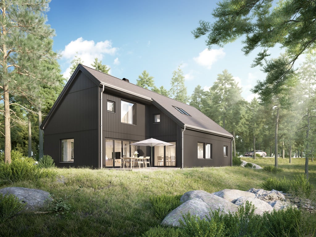 Arkitekturvisualisering 3D Visualisering Exteriör Villa Natur Skog Uteplats Terrass