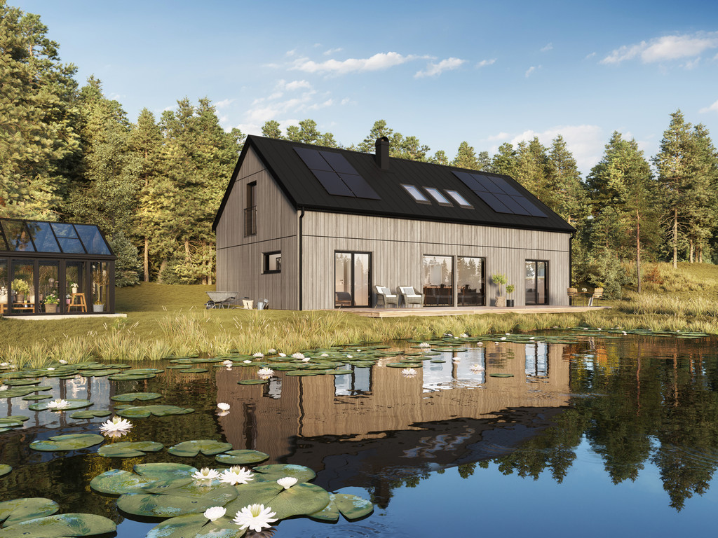 Arkitekturvisualisering 3D Visualisering Exteriör Villa Hus Natur Sjö Älv Vatten Skog
