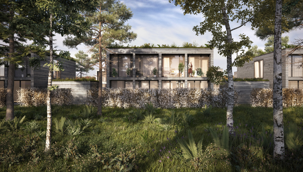 Arkitekturvisualisering 3D Visualisering Exteriör Kristineberg Hus Parhus Radhus Natur Skog Glänta