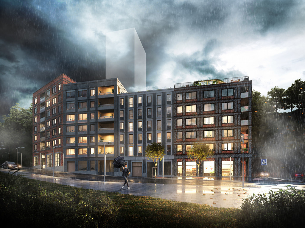 Arkitekturvisualisering 3D Visualisering Exteriör Fastighet Lägenheter Lägenhetsbyggnad Kväll Skymning Nacka Strand Hero