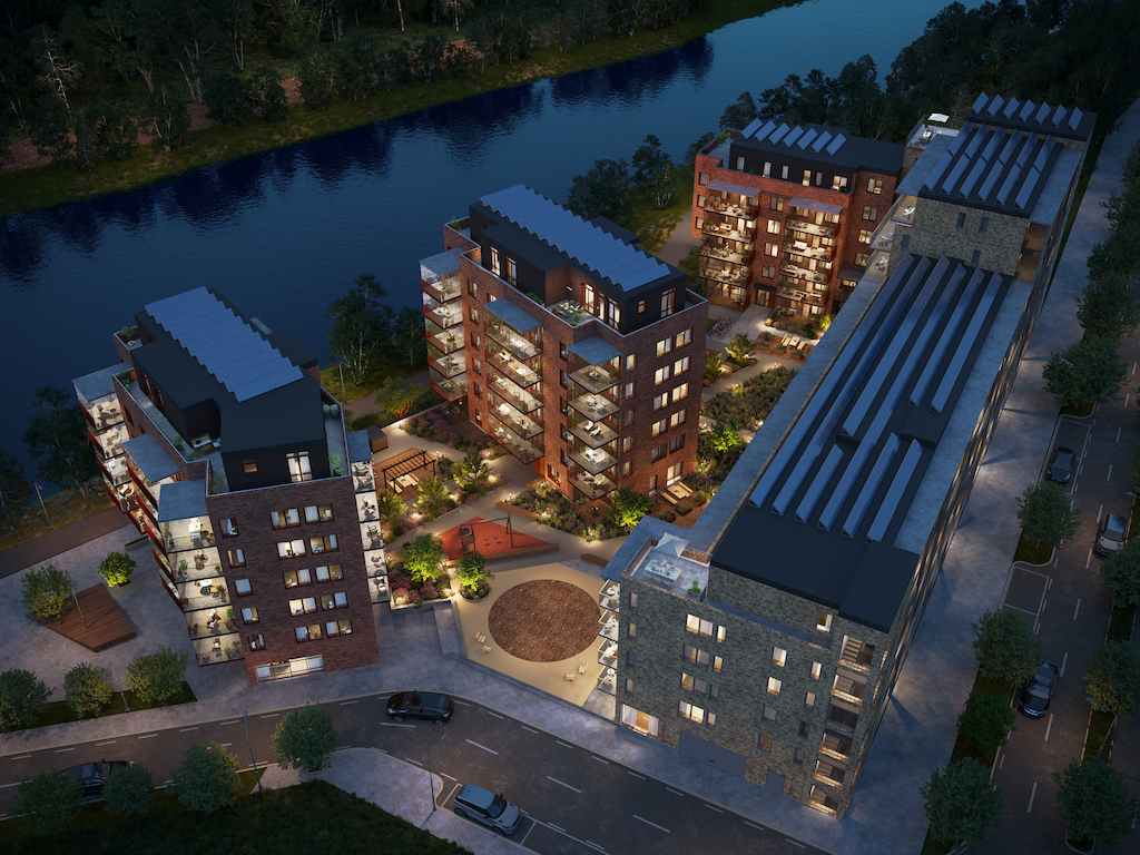 Arkitekturvisualisering 3D Visualisering Exteriör Översikt Birdeye Lägenhet Herobild Älv Kväll Haga Strand
