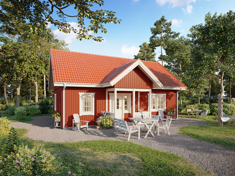 Arkitekturvisualisering 3D Visualisering Exteriör Villa Stuga Natur Skog Utemöbler