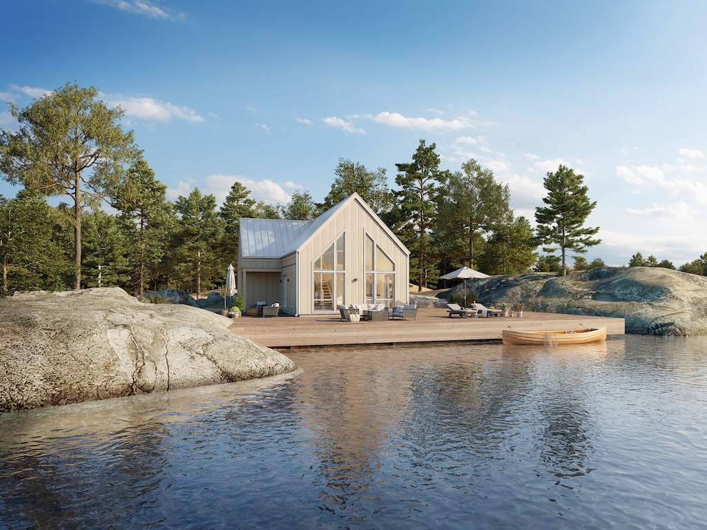 Arkitekturvisualisering 3D Visualisering Exteriör Natur Villa Stuga Sjö Hav Vatten Berg Uteplats Terrass Trädäck Lounge Trädgårdsmöbler Träbåt Skuta