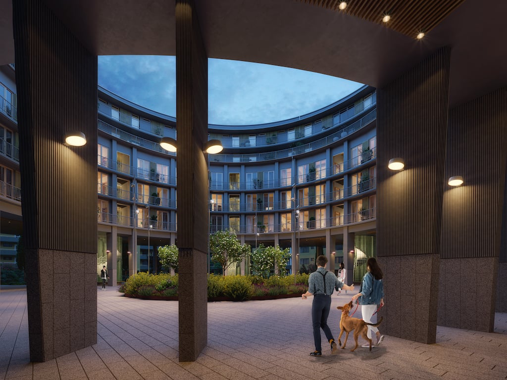 Arkitekturvisualisering 3D Visualisering Exteriör Innergård Människor Lägenhetsbyggnad Plankan Fastighet