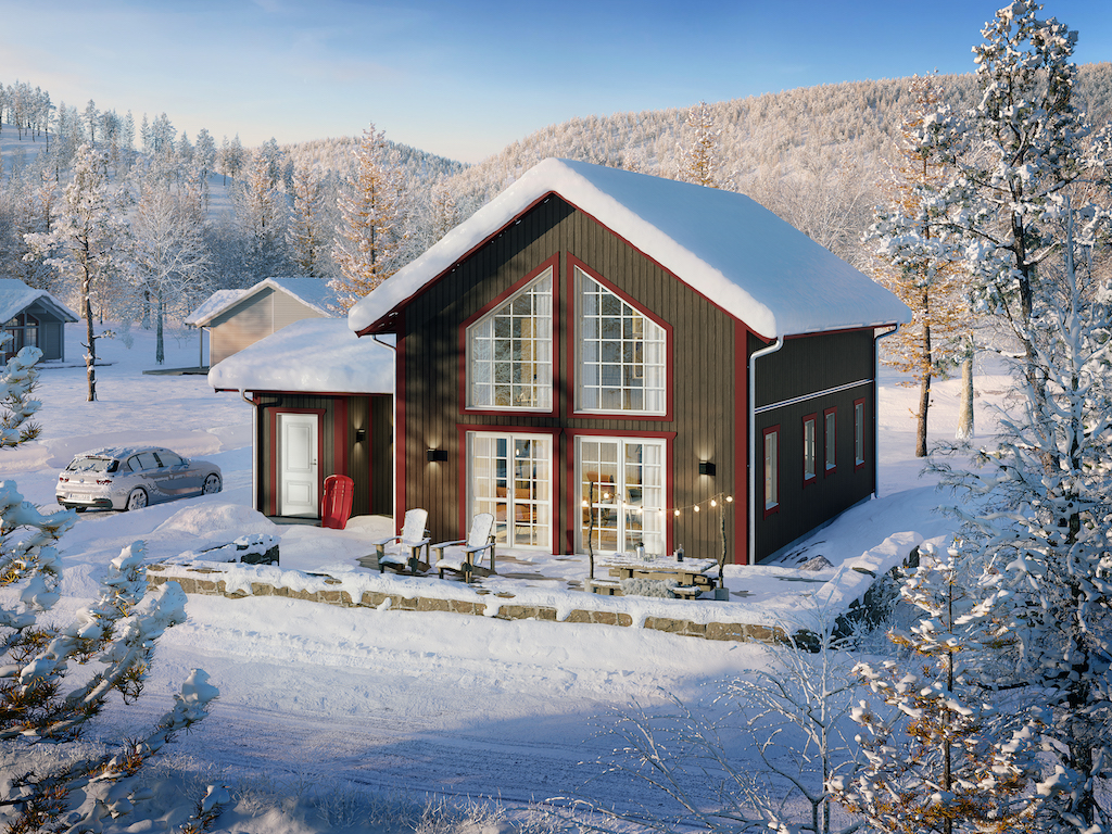 Arkitekturvisualisering 3D Visualisering Exteriör Stuga Villa Hus Snö Fjäll Vinter