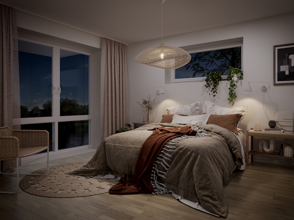Arkitekturvisualisering 3D Visualisering Interiör Lägenhet Sovrum Säng Haga Strand 