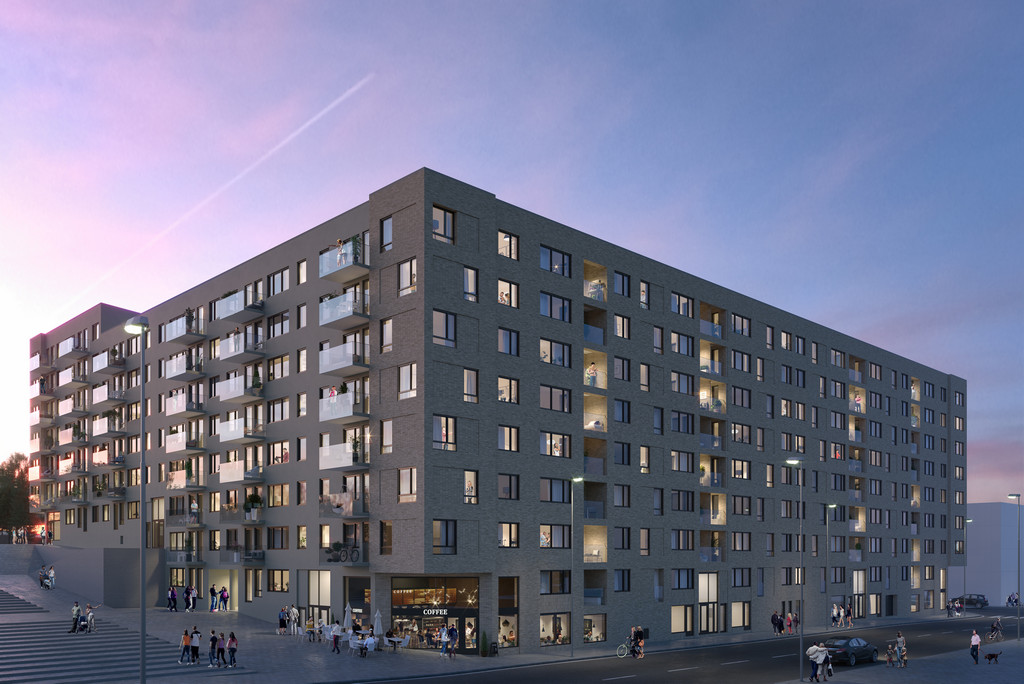 Arkitekturvisualisering 3D Visualisering Exteriör Kväll Fastighet Innerstad Lägenhetsbyggnad Sländan